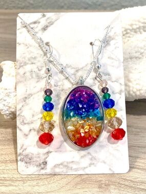 26. Multicolor Beach Rainbow Crystal Pendant Necklace and Earrings Set